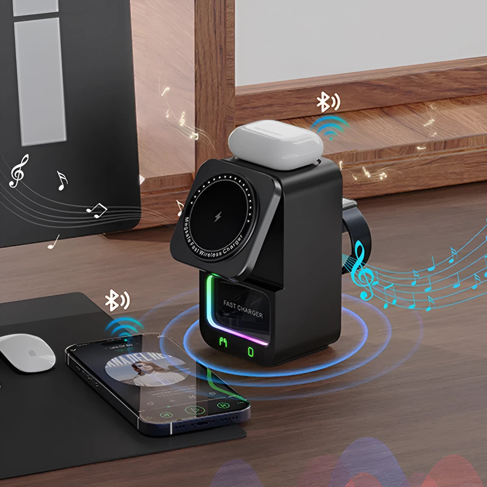 White 5-in-1 Bluetooth speaker wireless charger with magnetic charging support and QC3.0 fast charging