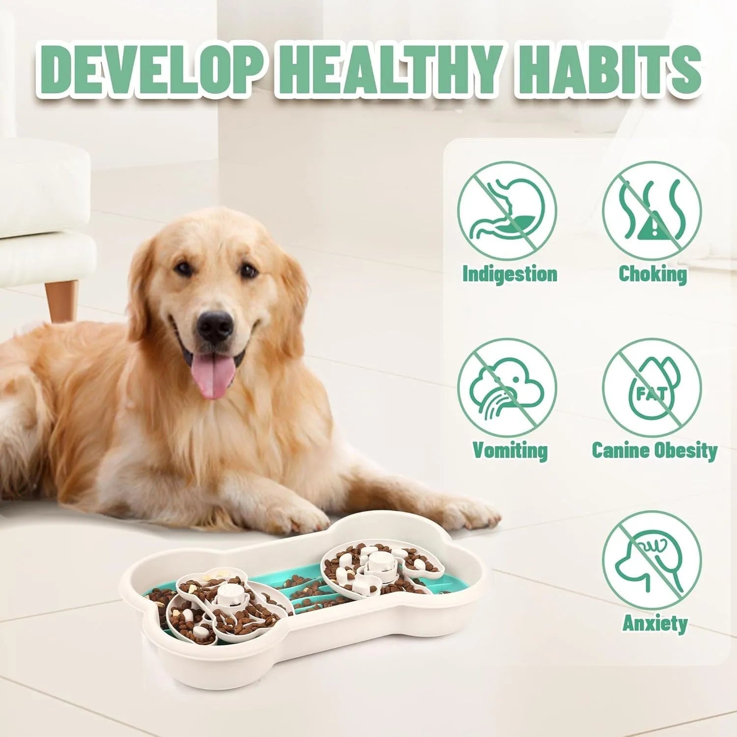 Large green slow feeder dog bowl with puzzle trays and non-slip suction cups for big breed dogs