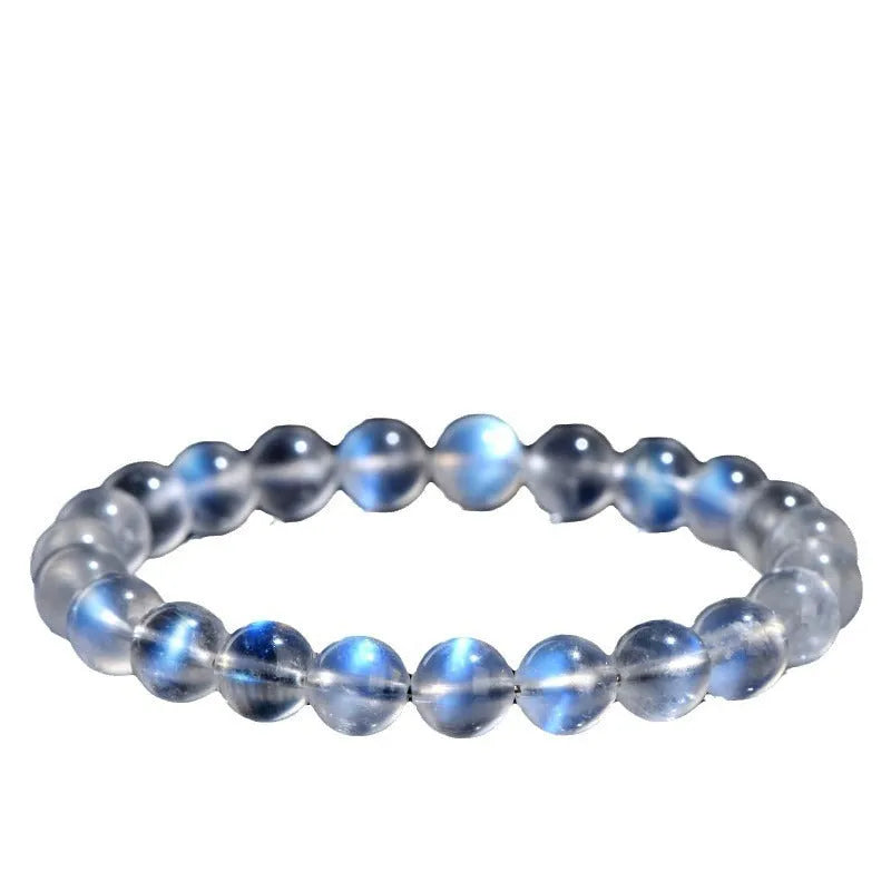 Natural cream body blue moonlight crystal bracelet with grinding treatment showing multiple size options