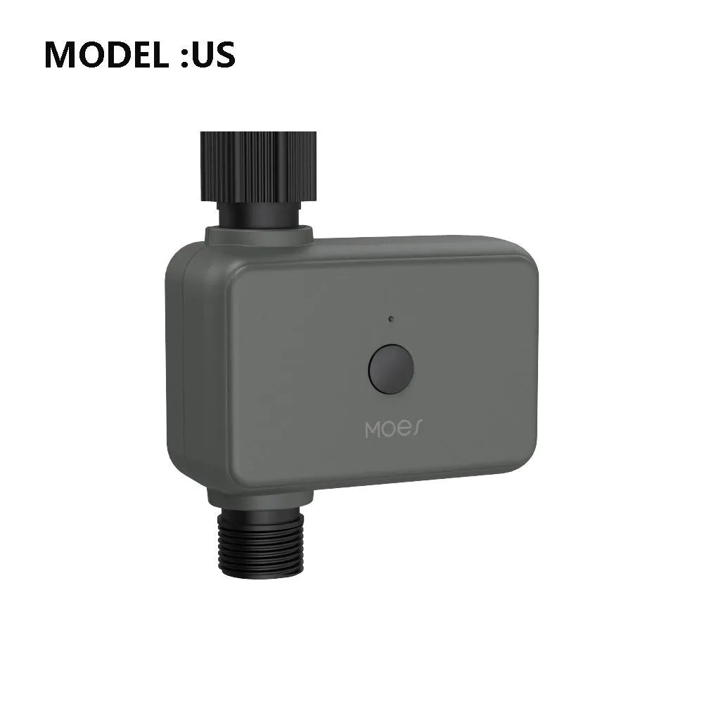 Bluetooth smart garden irrigation timer attached to an outdoor tap with a hose connector.