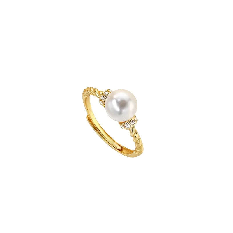 Antique twist pearl ring with adjustable copper band in geometric design with pearl inlay