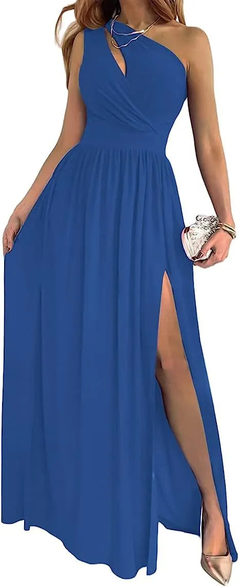 Apricot one shoulder maxi dress with high leg split and cutout detail on a mannequin.