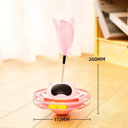 Pink cat tumbler turntable toy with rotating mechanism and cat stick, 17x10 cm dimensions