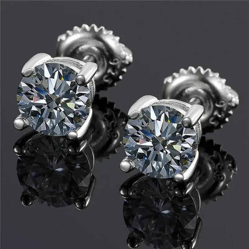 Silver electroplated moissanite screw back stud earrings with four-claw setting and geometric shape