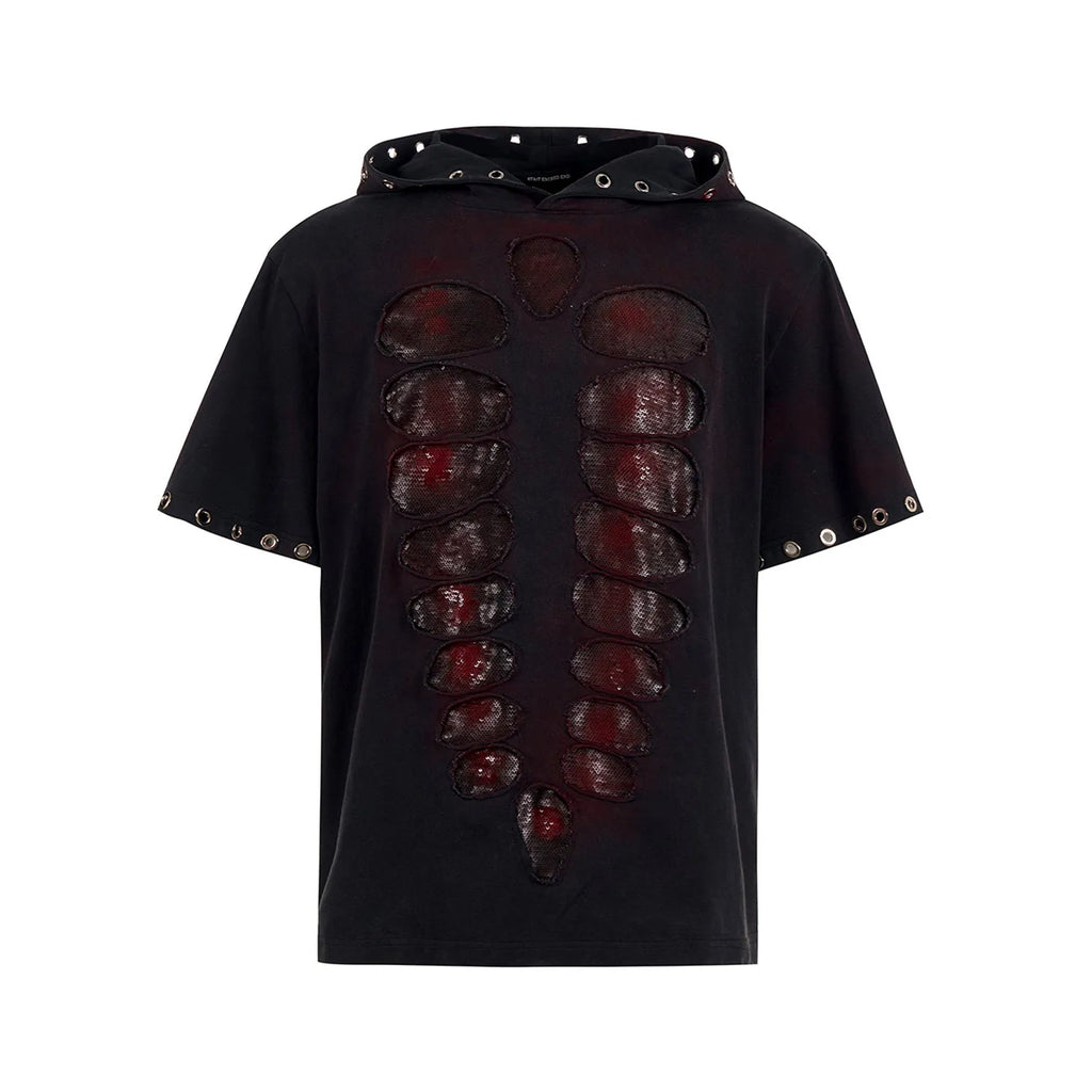 Black men's hooded short-sleeved T-shirt with loose fit and all-over sequins decoration.