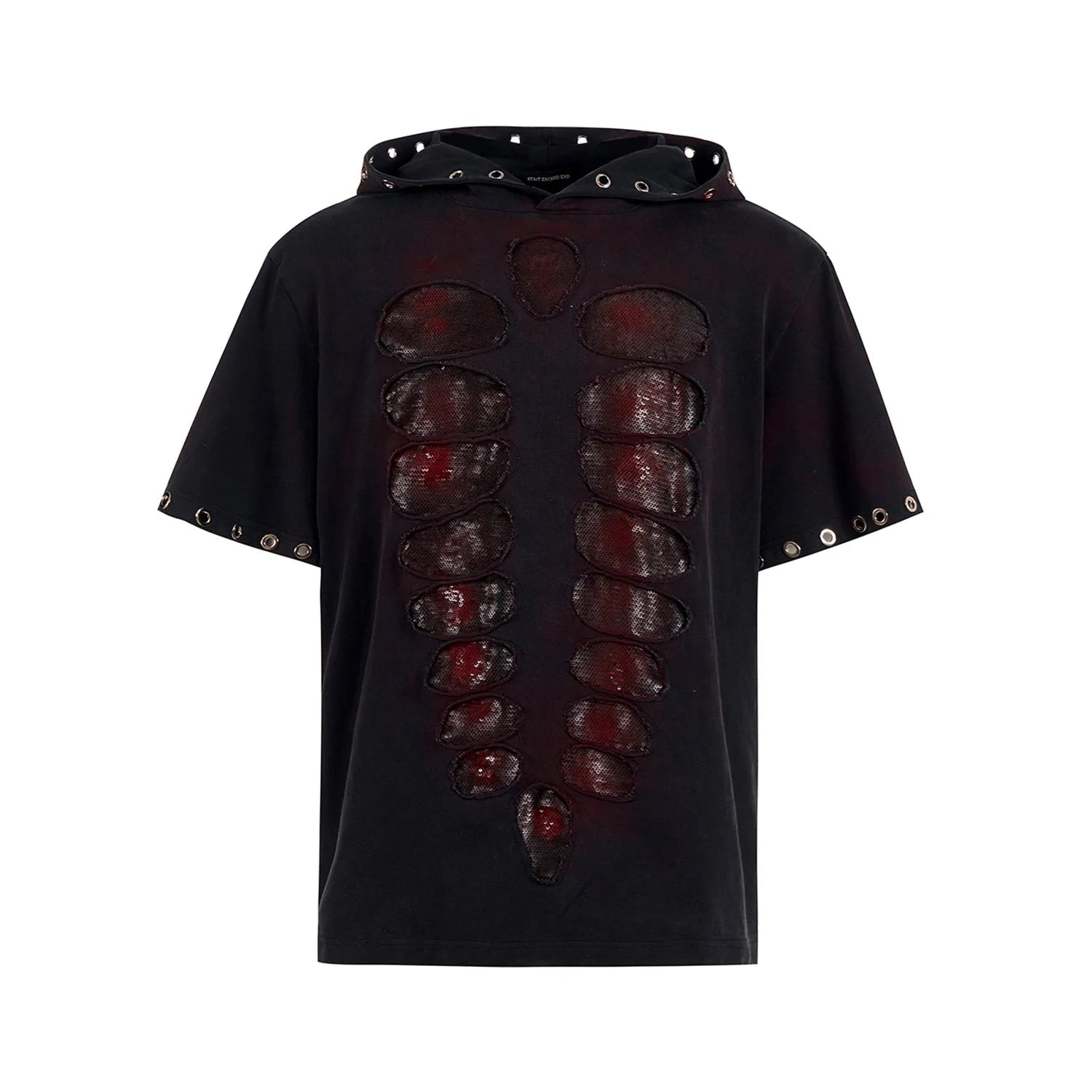 Black men's hooded short-sleeved T-shirt with loose fit and all-over sequins decoration.