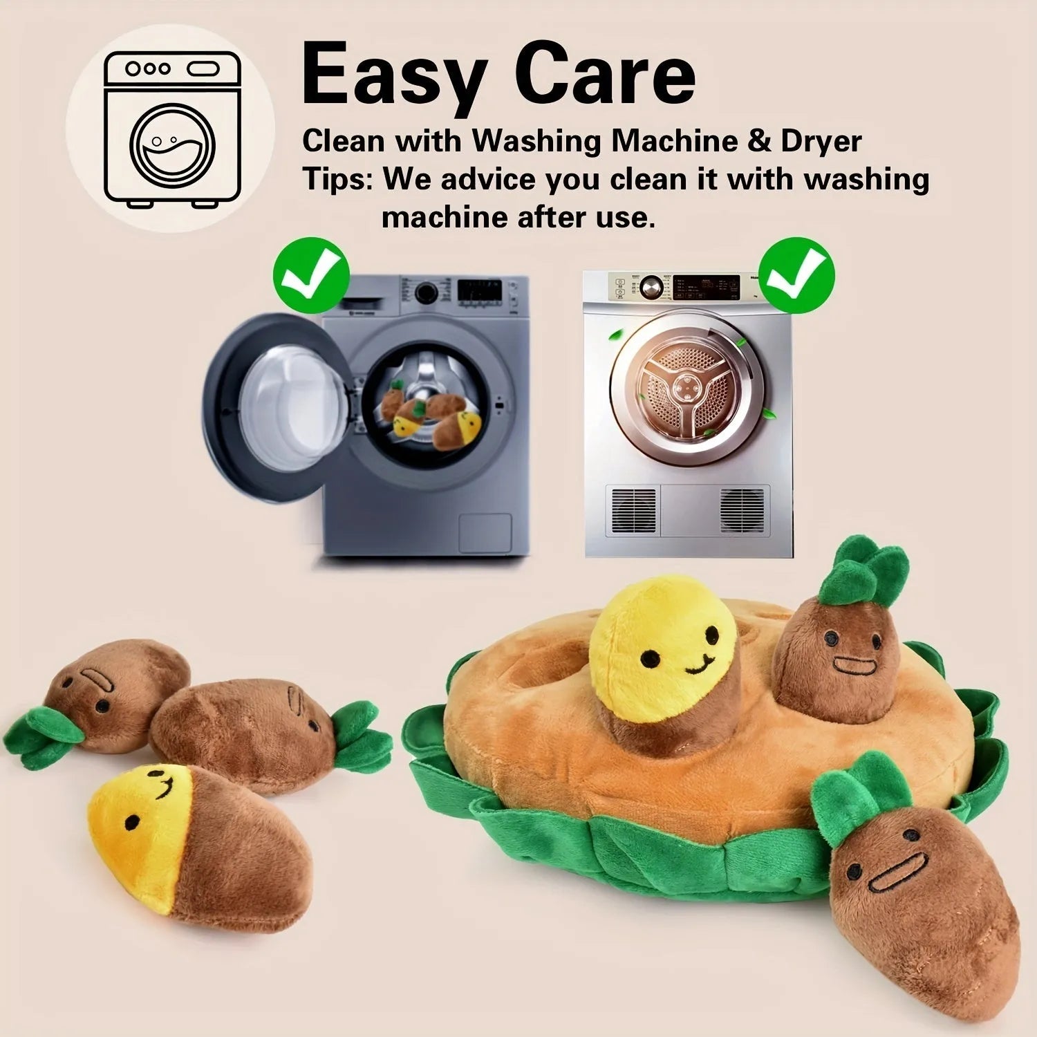 Yellow interactive dog puzzle toys and sniffing pads with removable squeaky plush toys on feeding mat