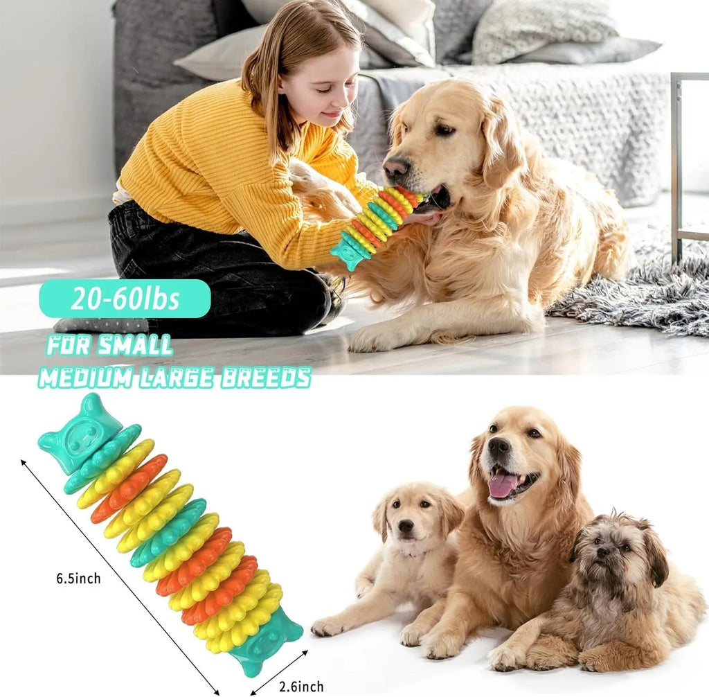Blue caterpillar-shaped rubber dog chew toy for aggressive chewers on wooden floor