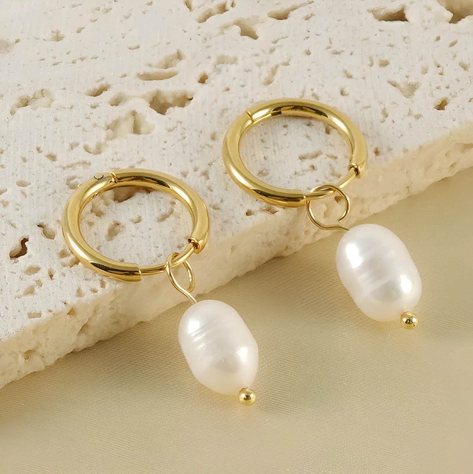 Gold electroplated stainless steel geometric earrings with pearl elements for women