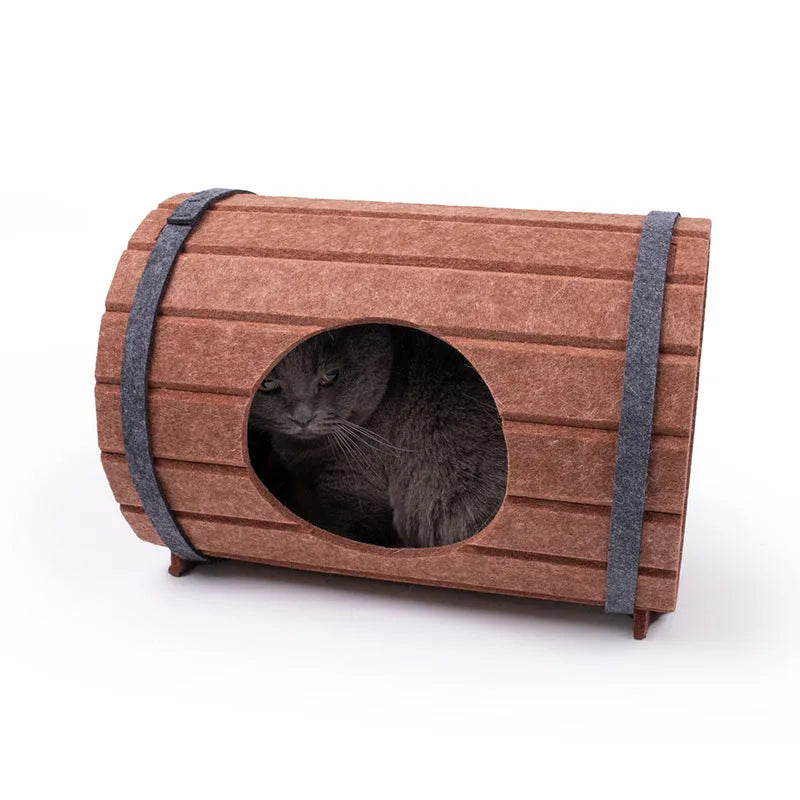 Wine barrel shaped assembled pet bed made from polyester fibre felt pieces with binding straps