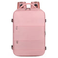 Large purple travel backpack with multiple compartments shown open to reveal organisational pockets