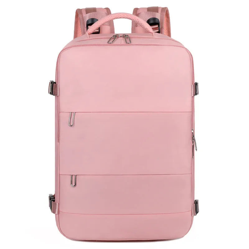 Large purple travel backpack with multiple compartments shown open to reveal organisational pockets