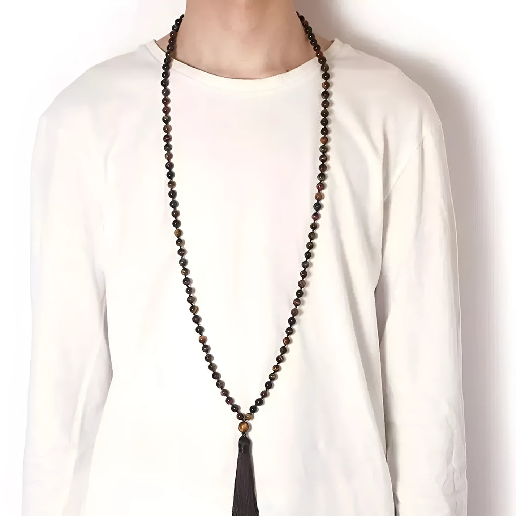 Colourful agate and amethyst tassel necklace with geometric pendant and multiple genuine stones
