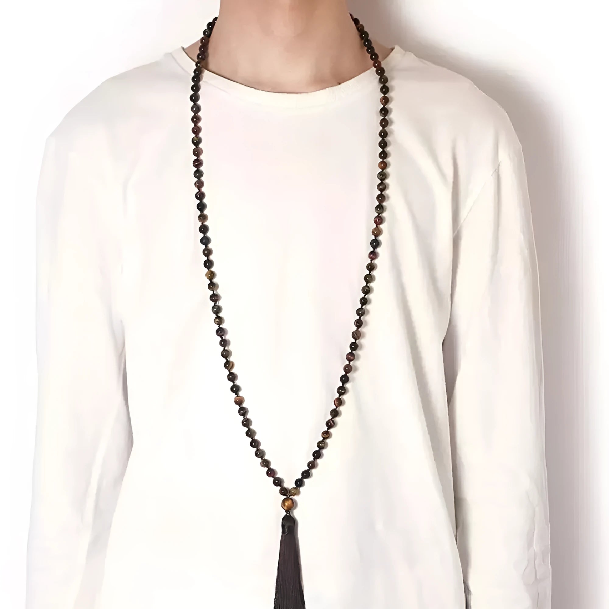 Colourful agate and amethyst tassel necklace with geometric pendant and multiple genuine stones