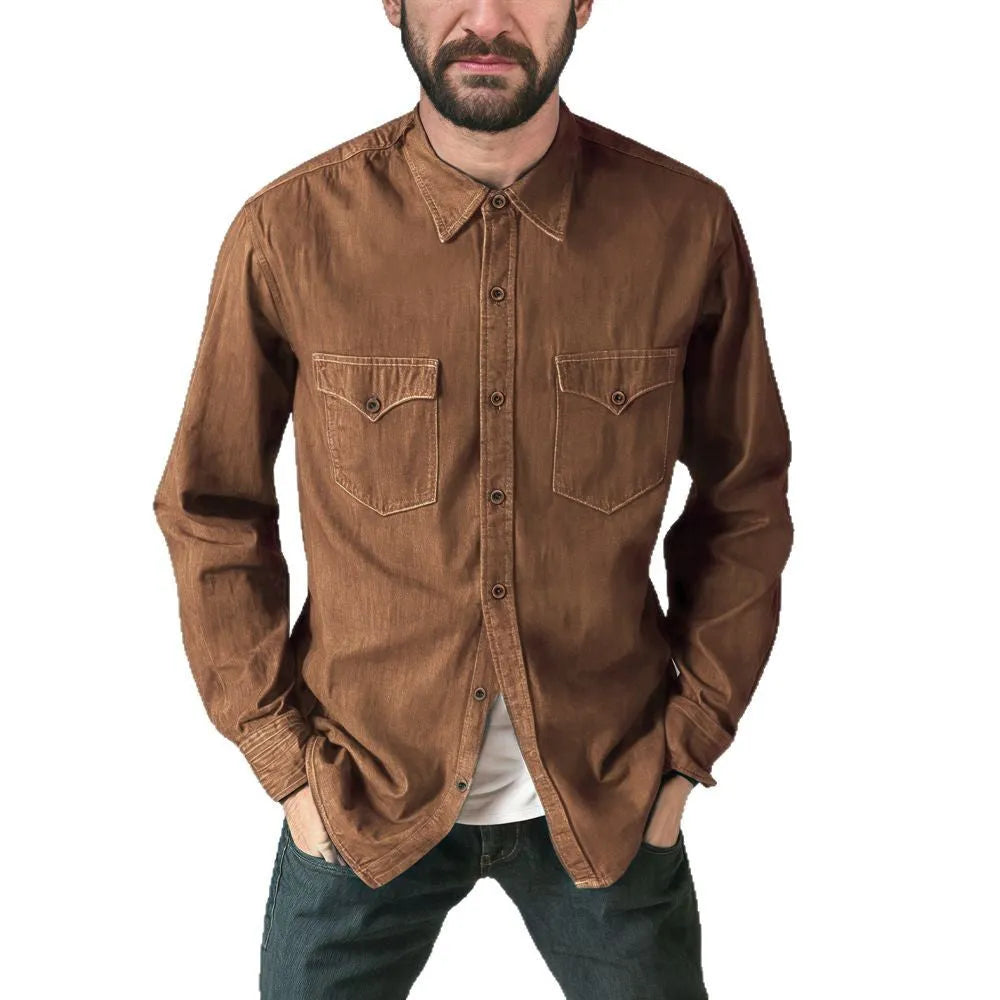 Men's regular fit denim cardigan coat in khaki on a hanger