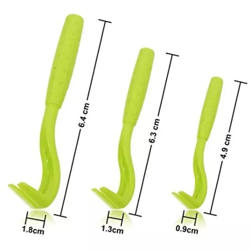 Three plastic pet tick removal hook tools in blue or green for dogs and cats.