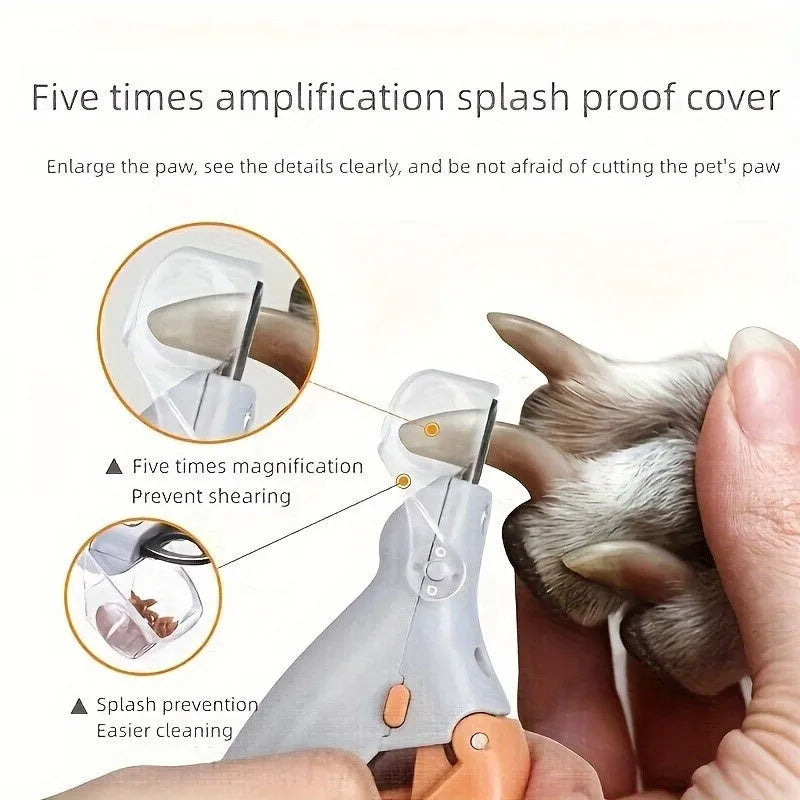 Yellow LED pet nail trimmer with magnifying glass and lights for trimming cat and dog nails