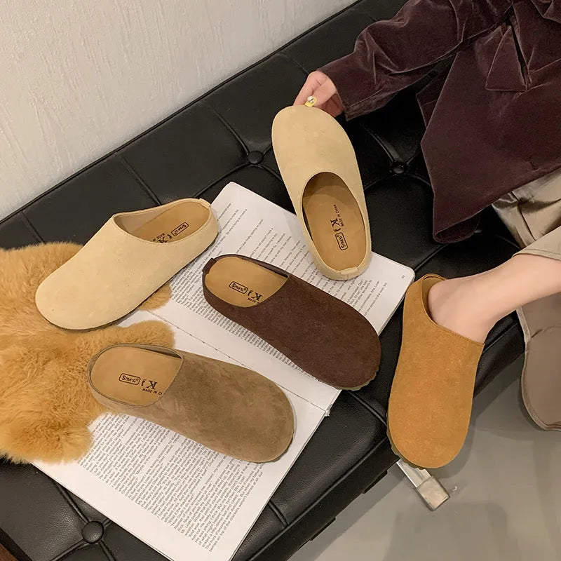 Korean-style flat slippers in apricot colour with microfiber upper and PU sole