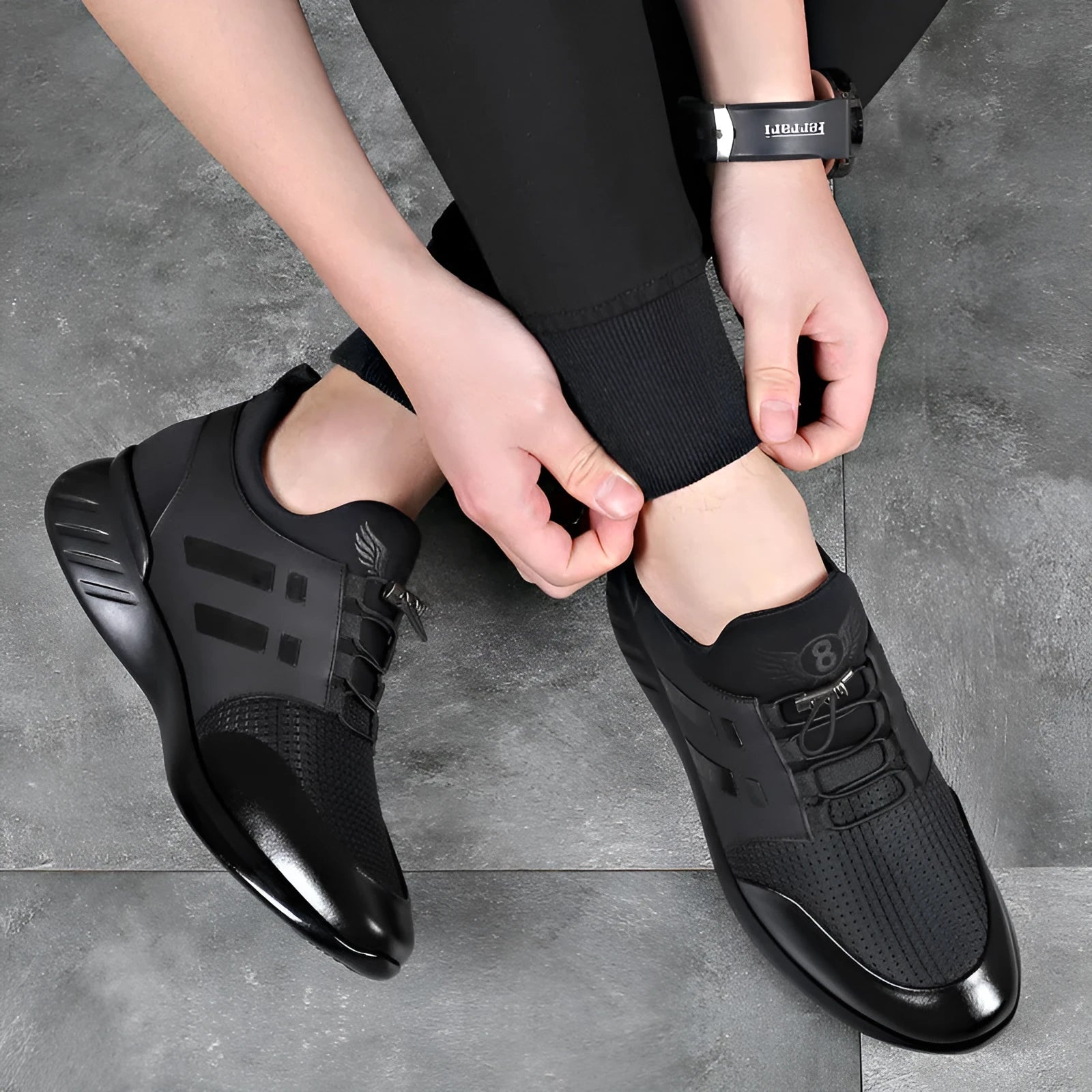 Men's black casual height increasing shoes in leather, Lycra or mesh with a chunky rubber sole