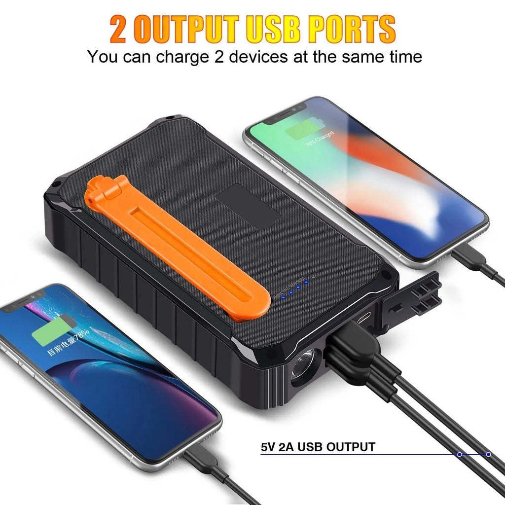 Orange and green hand crank solar power bank with 12000mAh capacity, dual USB ports, and a solar panel.