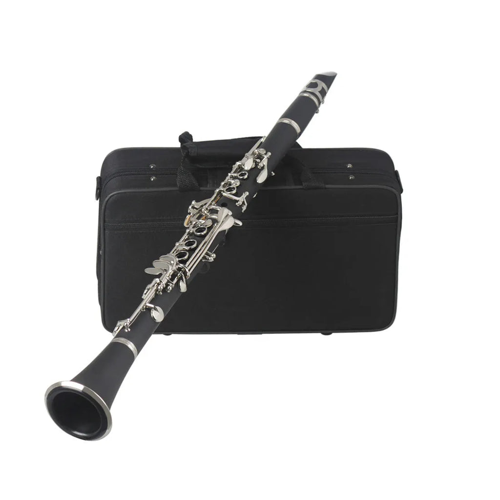 Black bakelite beginner clarinet with 17 nickel-plated keys next to its included carrying bag.