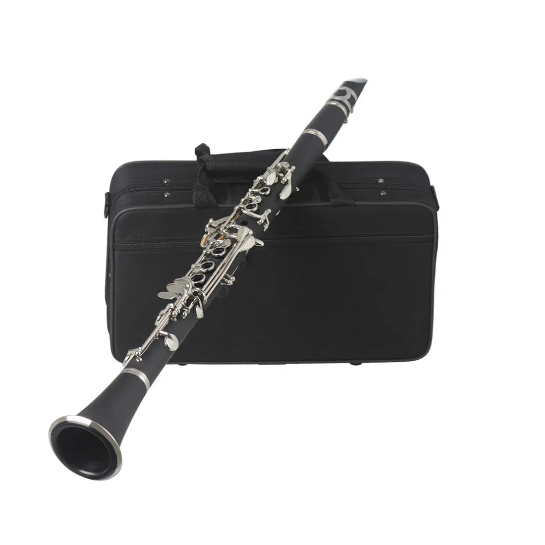 Black bakelite beginner clarinet with 17 nickel-plated keys next to its included carrying bag.
