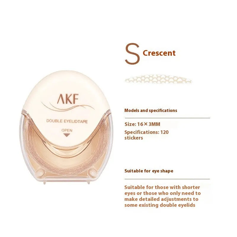 Roll of 120 clear lace double eyelid stickers in crescent and olive M shapes on skin.