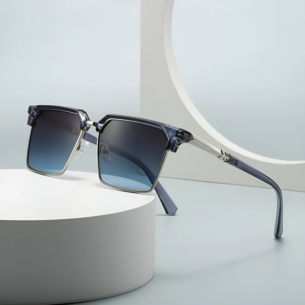 Men's square box style plastic sunglasses shown in one of six colour options.