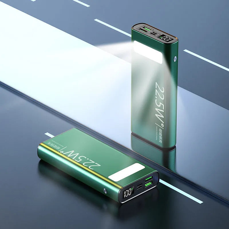 Alloy shell power bank with LCD display showing battery level, in black, green, red, or blue colour.