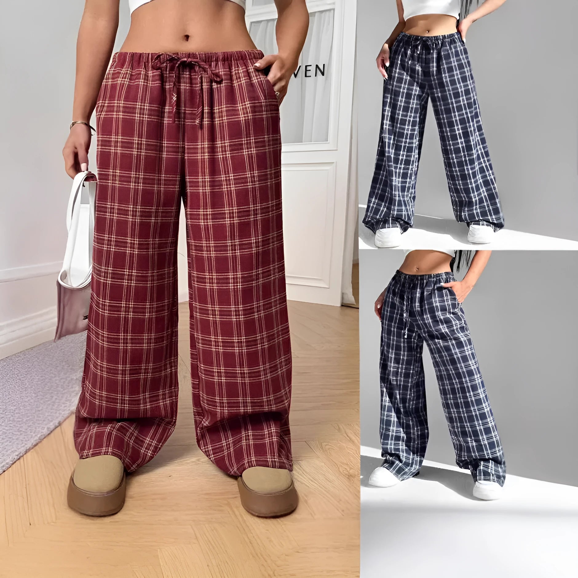 Women's loose fit plaid trousers with drawstring waistband and side pockets in blue colour