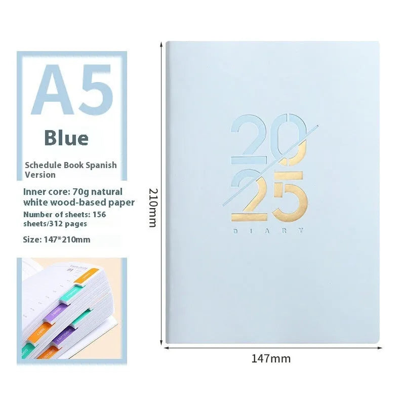 A5 daily planner with soft faux leather cover open to show dot grid pages