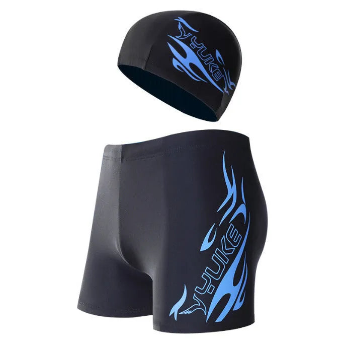 Men's plus size boxer swimming trunks with flame pattern design and matching swimming cap