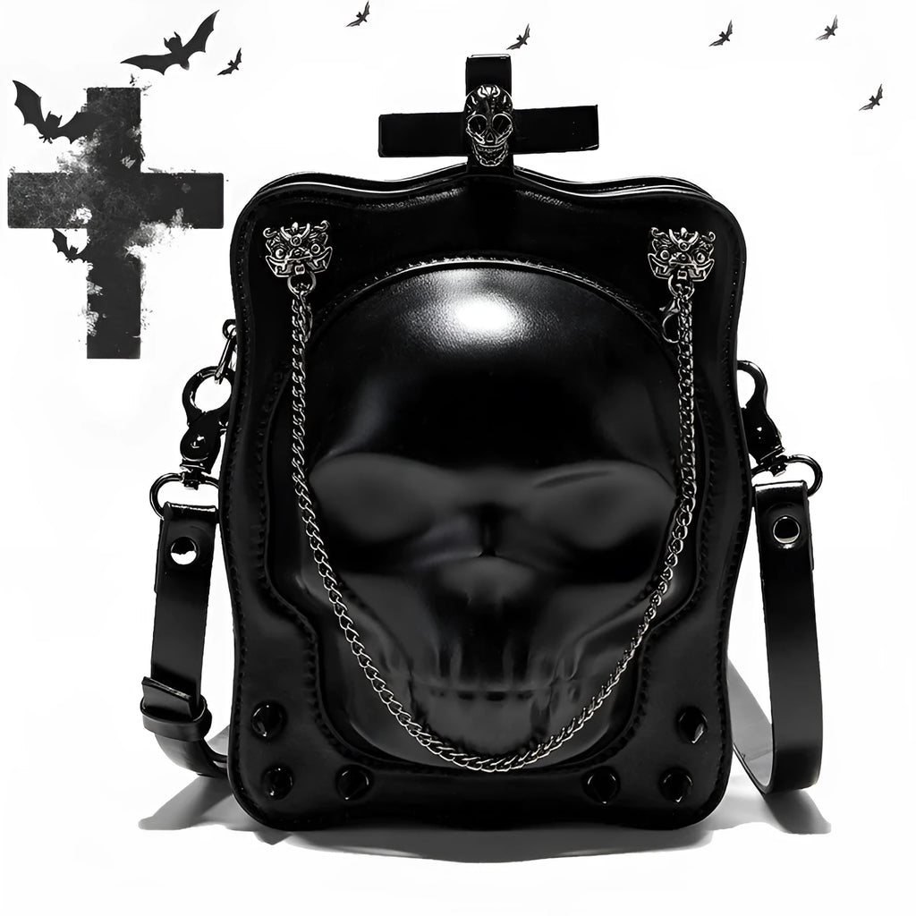 Black mini square crossbody bag with Halloween skull design, chain strap, and Gothic stitching details