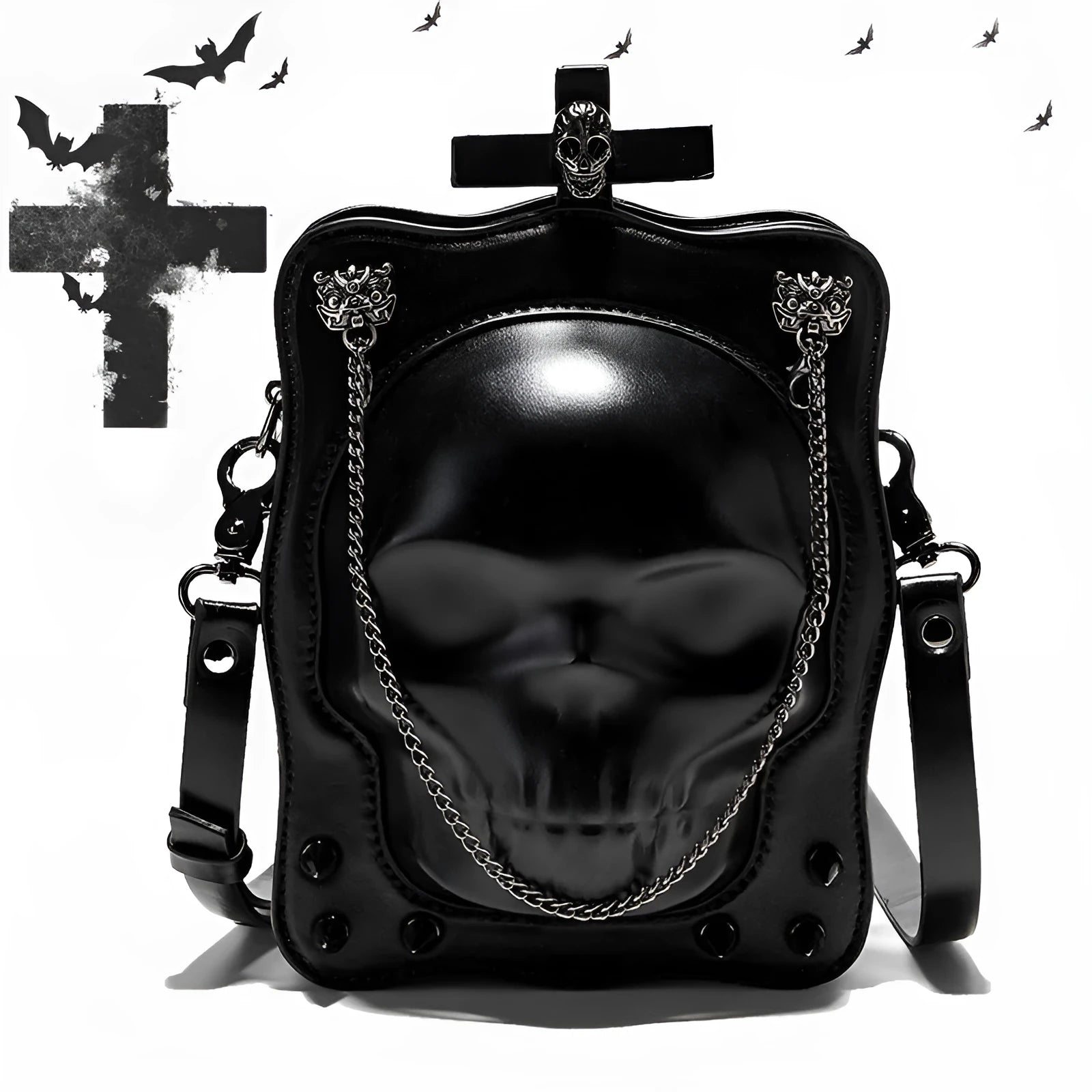 Black mini square crossbody bag with Halloween skull design, chain strap, and Gothic stitching details