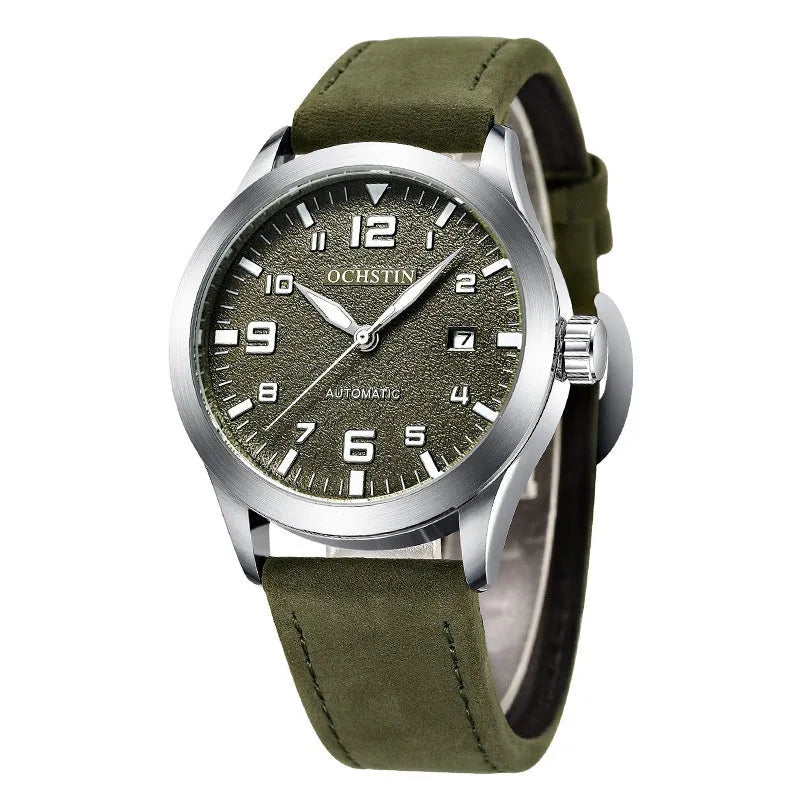 Men's automatic mechanical watch with leather strap in business style showing four colour variations