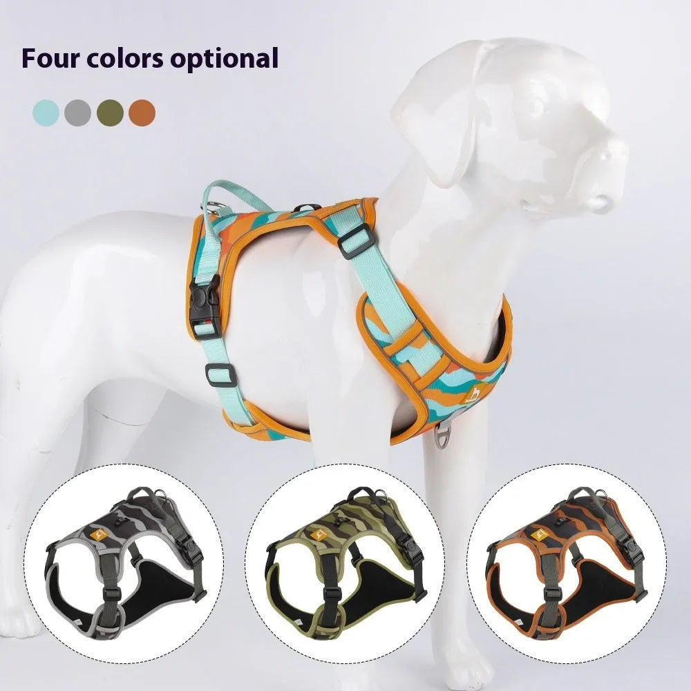 Orange oxford cloth dog walking rope with reflective strips and a handle, fitted on a dog's chest and back.