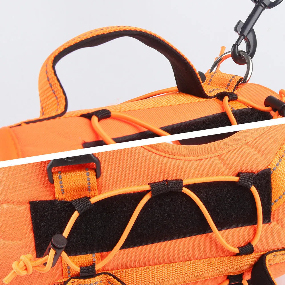 Orange reflective dog harness with explosion-proof hand holding rope on a medium-sized dog.