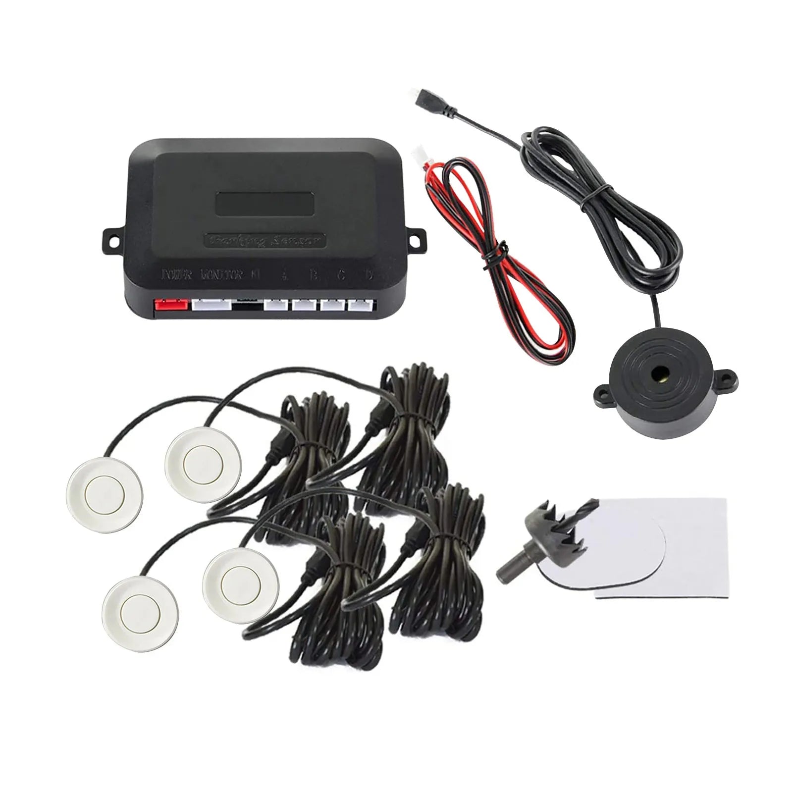 4-probe car reversing radar system with buzzer module, sensors, and installation tools