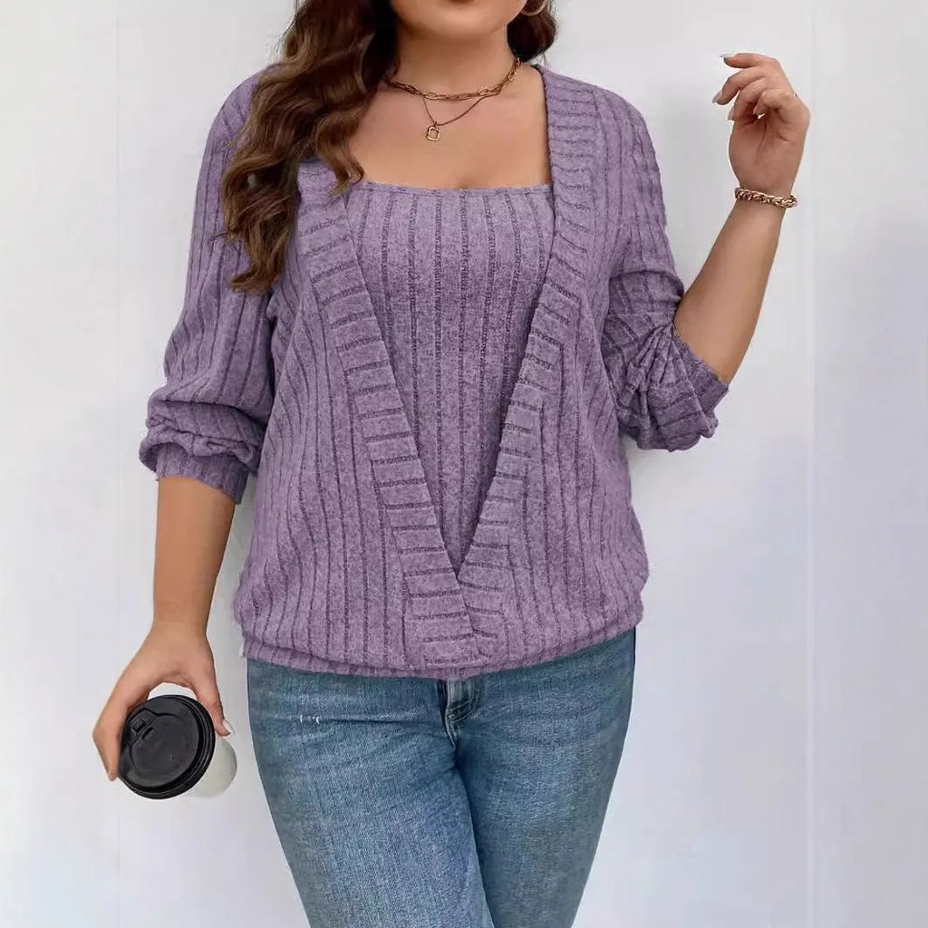 Women's solid colour V-neck false two-piece suit top with long sleeves in loose fit.