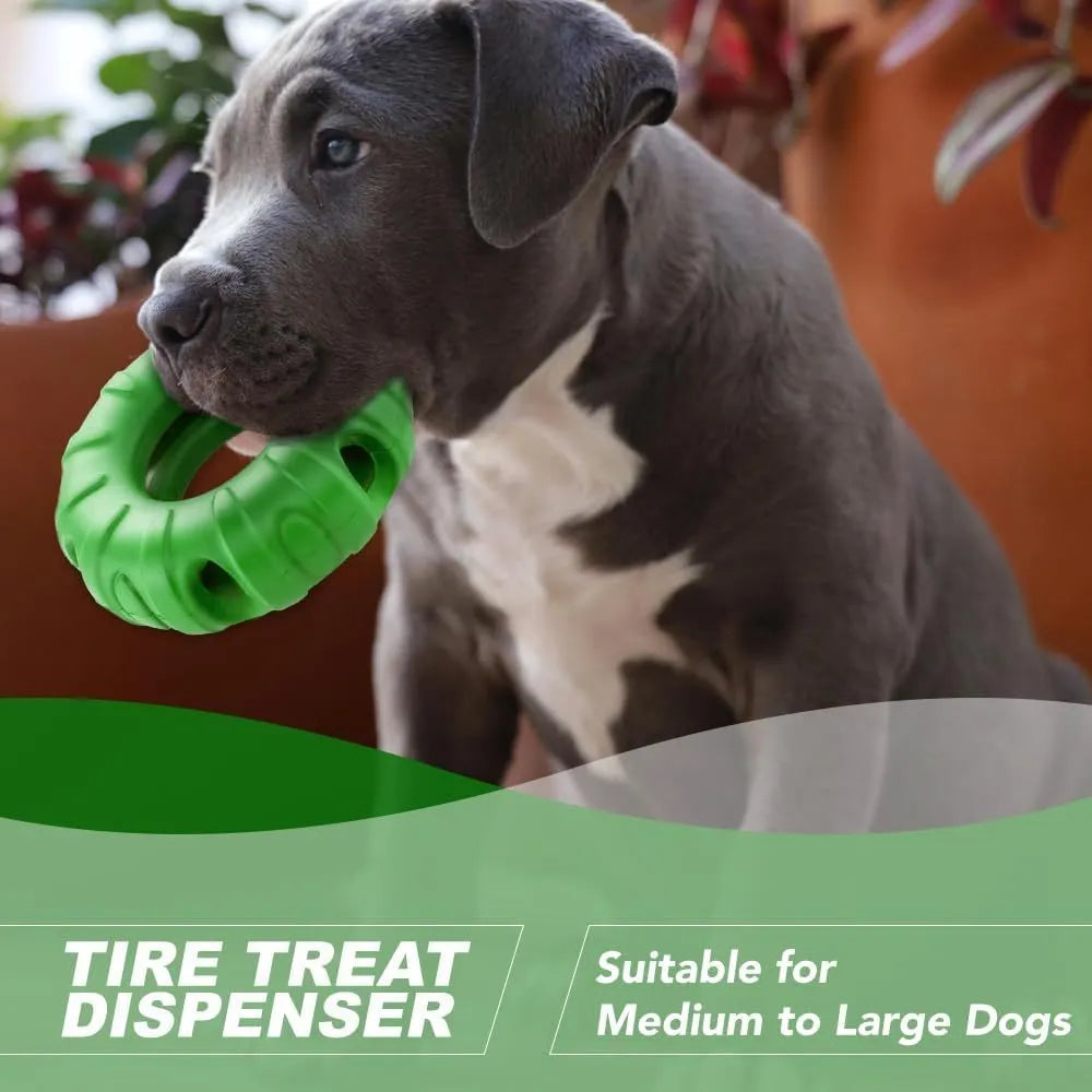 Blue beef-flavoured rubber tyre dog toy with oval holes for treat dispensing