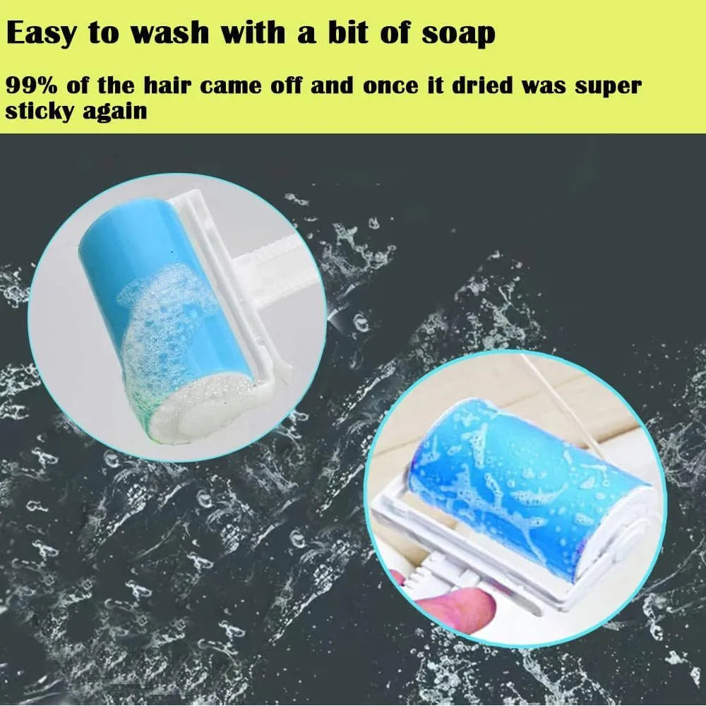 Blue reusable washable lint roller with cover for removing pet hair from clothes and furniture.