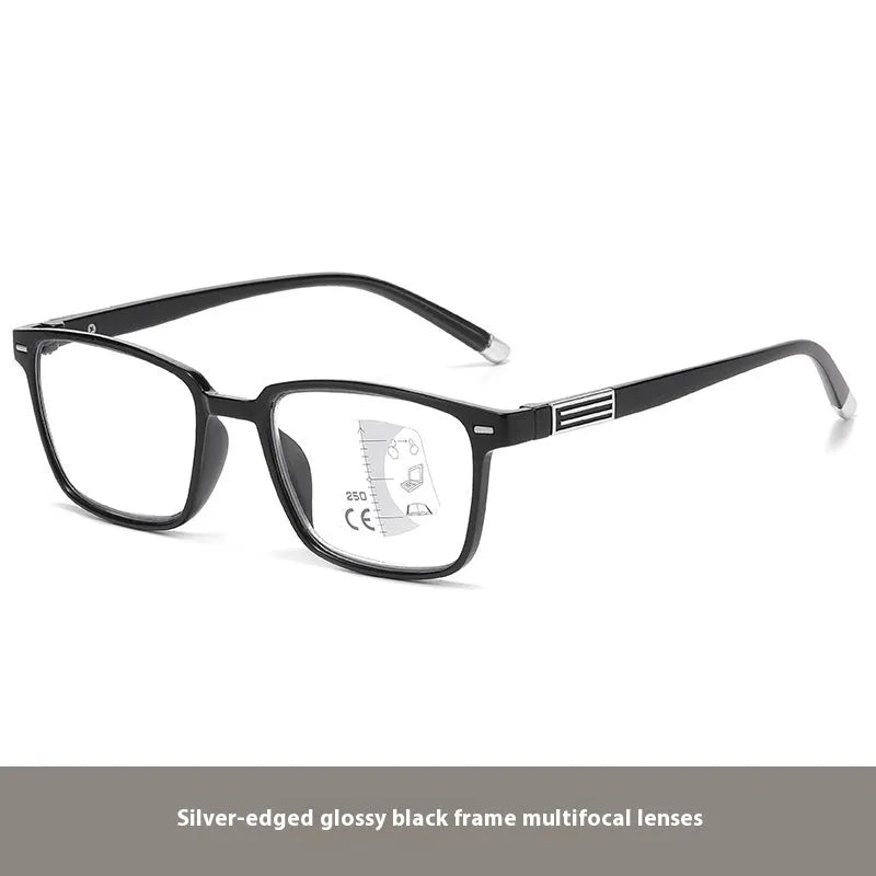 Anti blue light multifocal reading glasses with colour-changing grey PC lenses in a black and silver frame style.