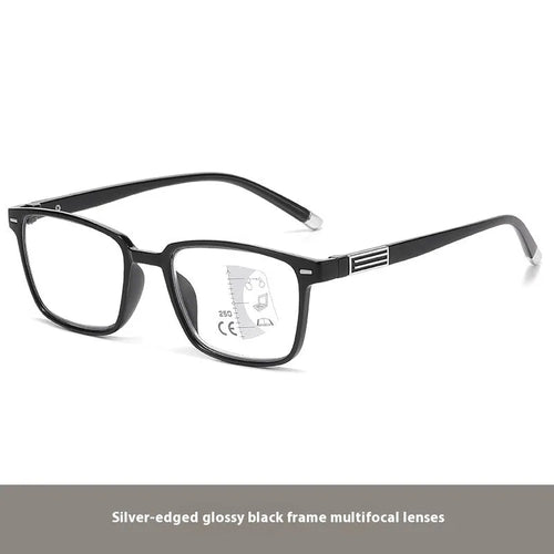 Anti blue light multifocal reading glasses with colour-changing grey PC lenses in a black and silver frame style.