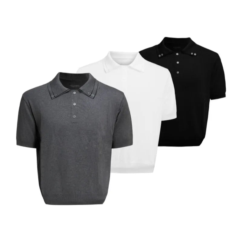 Men's black polyester knit short sleeve shirt with double collar design and loose fit