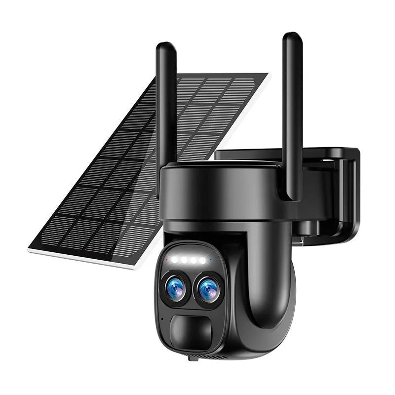 Solar panel security camera with 8x zoom lens for outdoor home monitoring