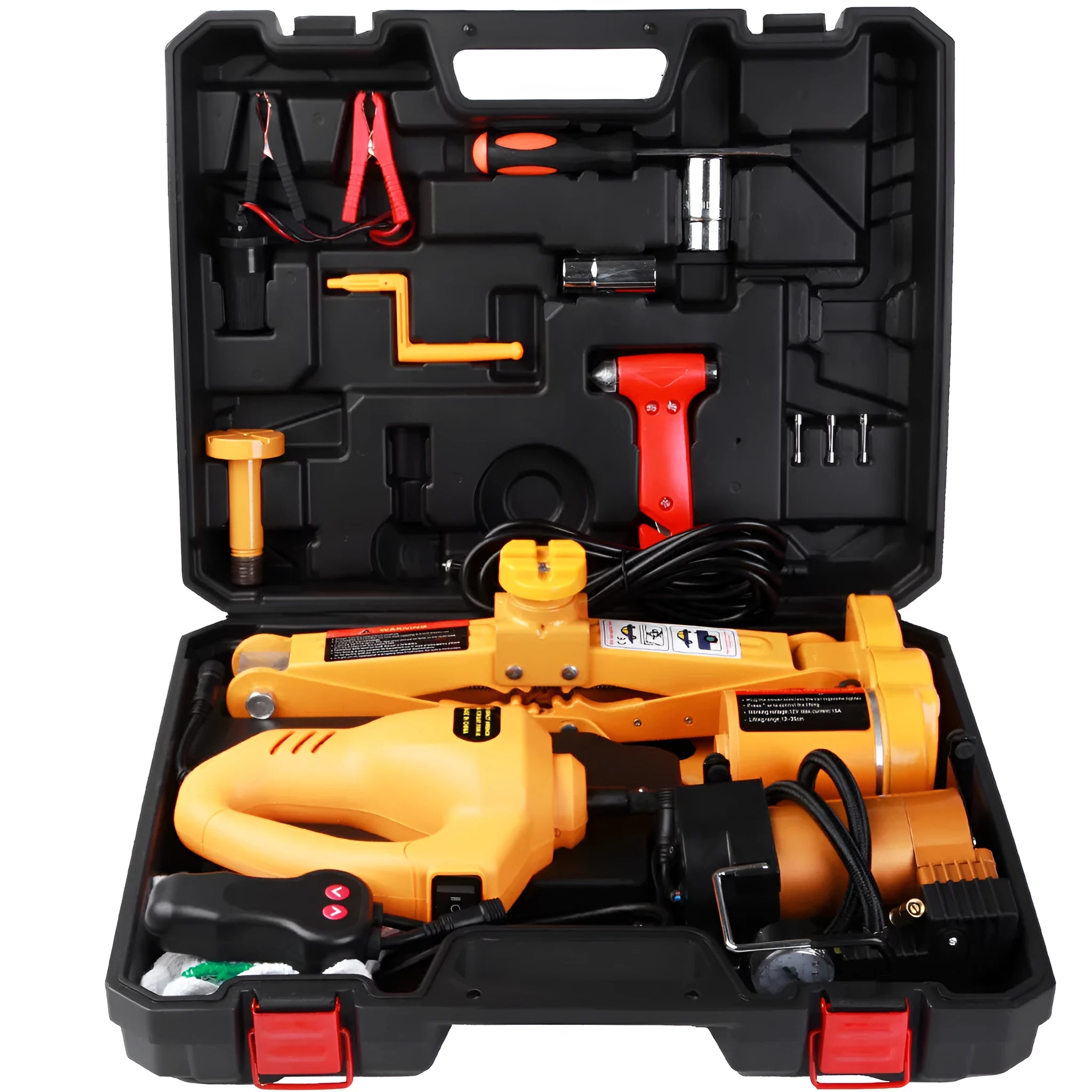 Yellow car electric jack set with electric wrench for vehicle tyre changes