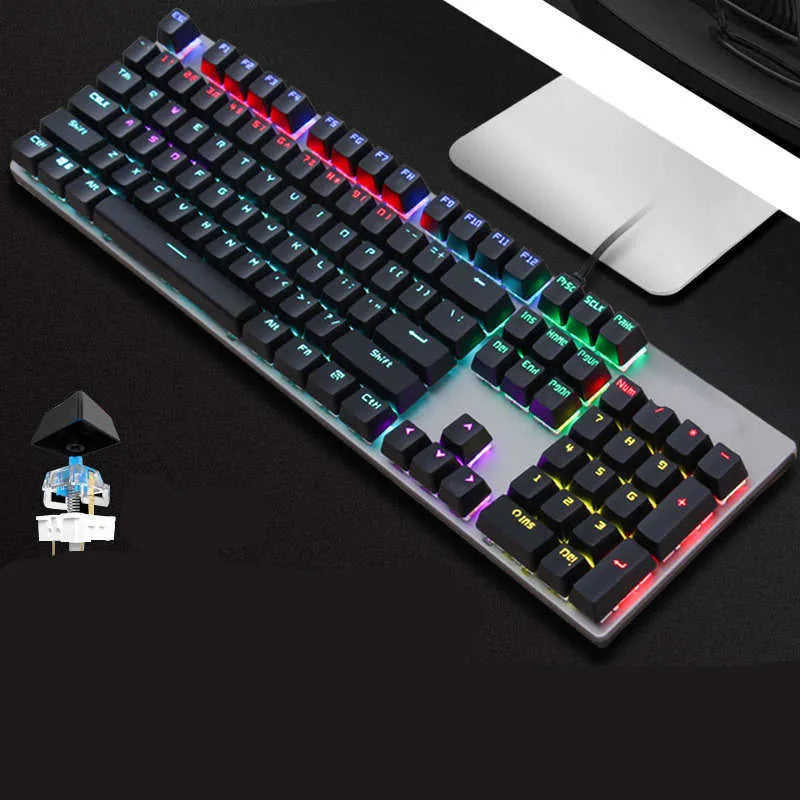 AOC GK410 metal mechanical keyboard with backlit keys and USB cable on a desktop