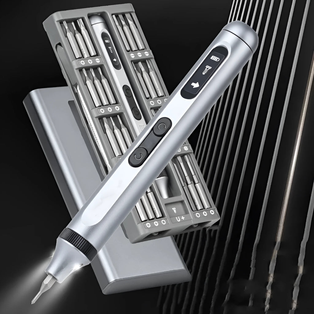 Compact aluminium electric screwdriver with bit holder, showing scale against a hand.