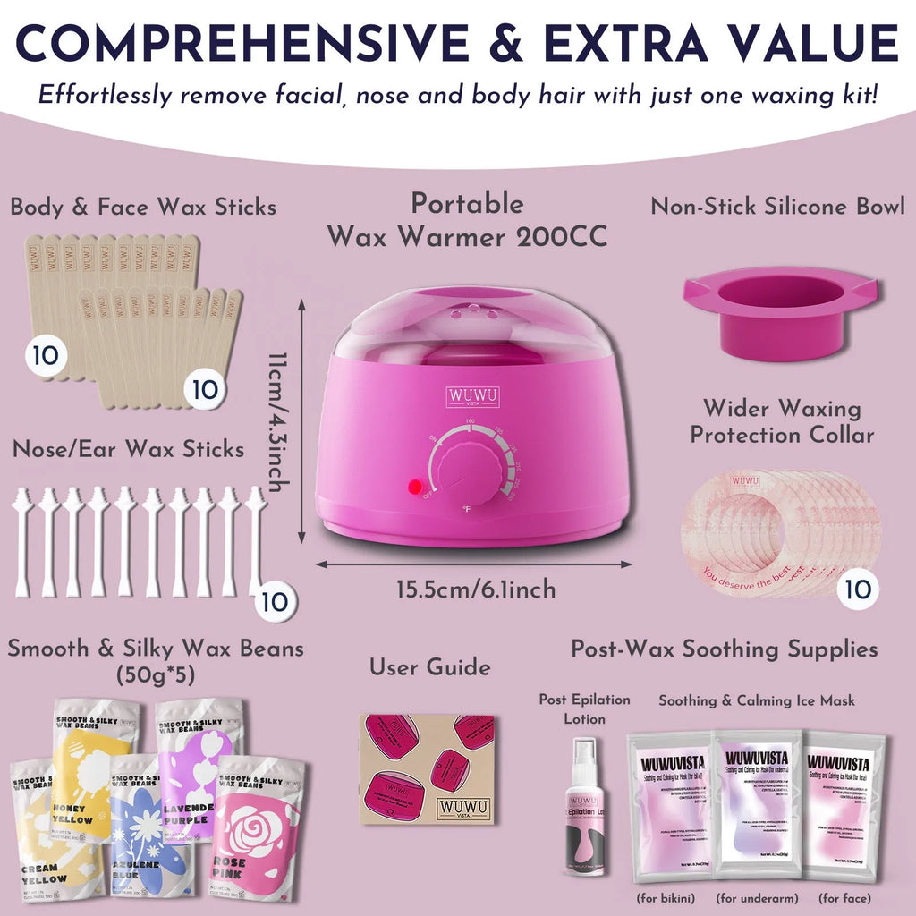 52-piece professional waxing kit showing hard wax beans, wax warmer, application sticks, post-care lotion and ice masks for sensitive skin hair removal.