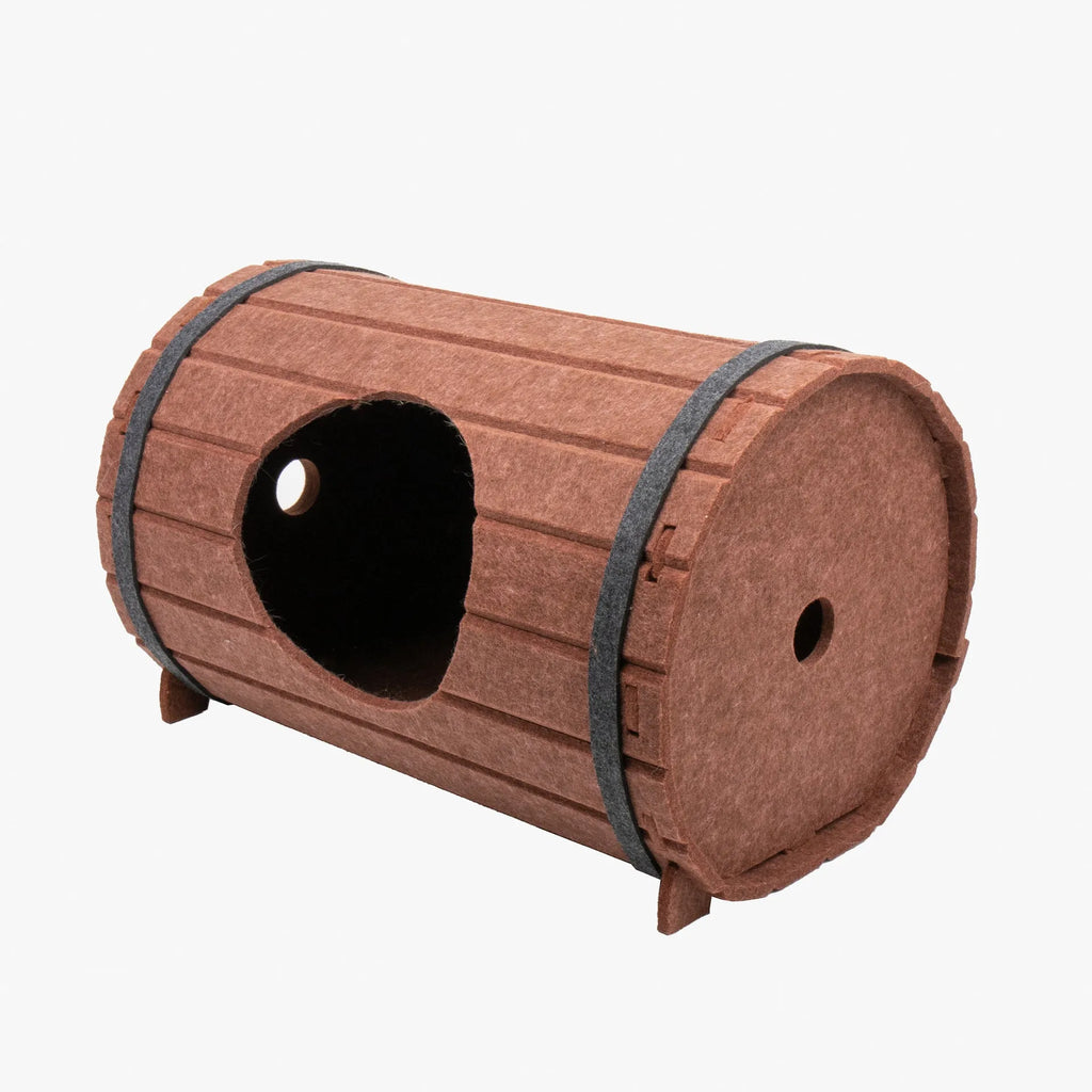 Wine barrel shaped assembled pet bed made from polyester fibre felt pieces with binding straps